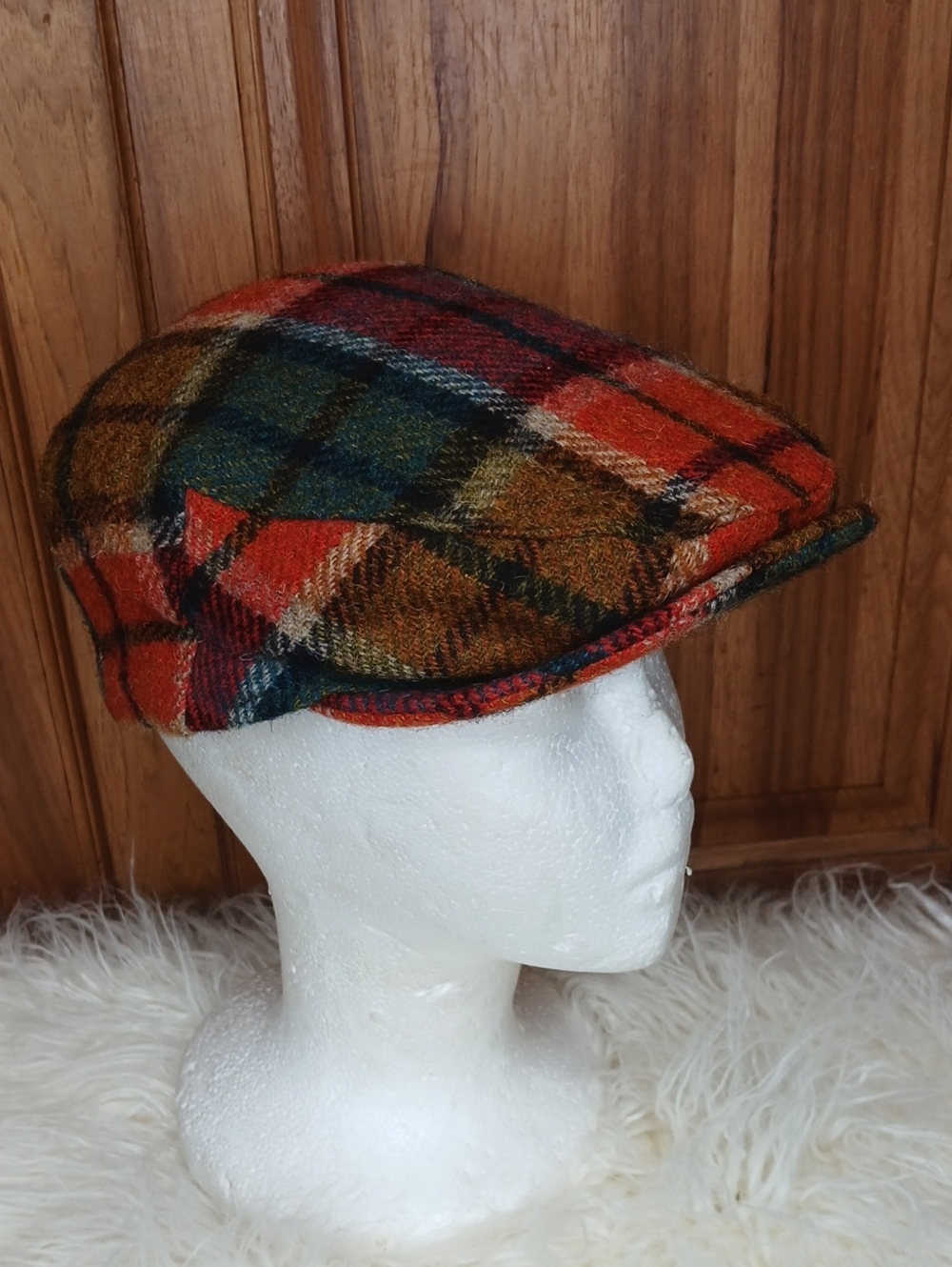 Plaid Wool Flat Cap in Orange, Green & Brown